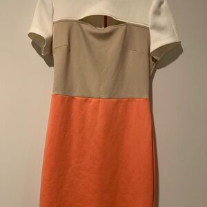 ECI Colorblock Midi Dress in White, Beige & Coral-Orange